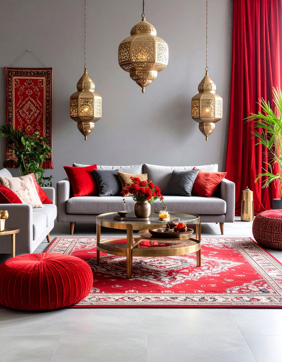 Moroccan Inspired Red Tapestry and Pewter Design - 24 Red and Grey Living Room Ideas