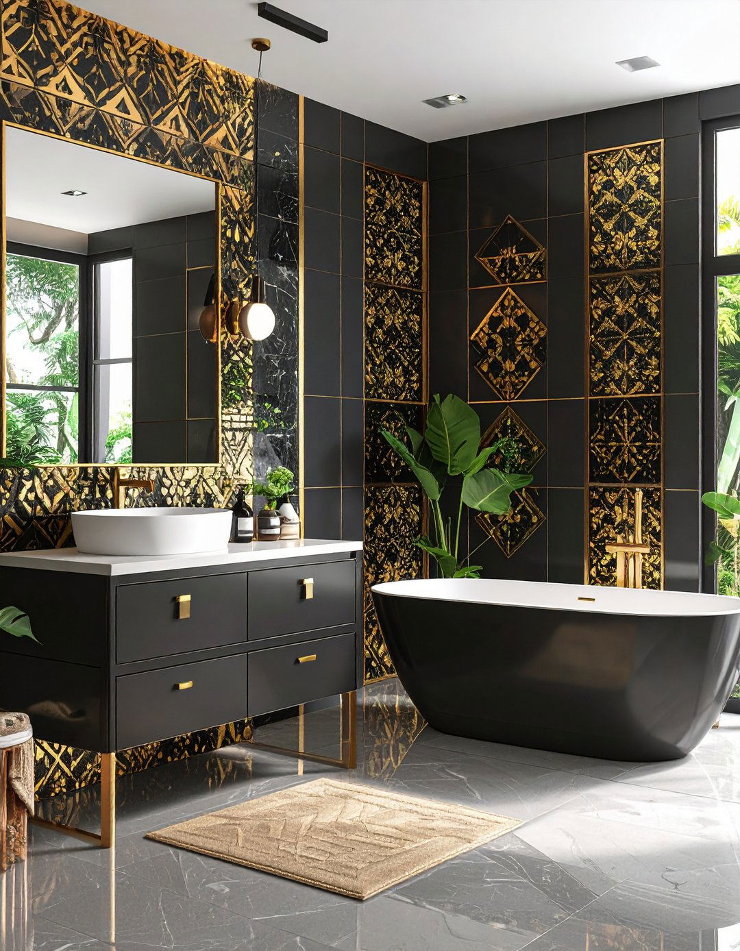 Mosaic Accent Feature Walls - 24 Black and Gold Bathroom Ideas