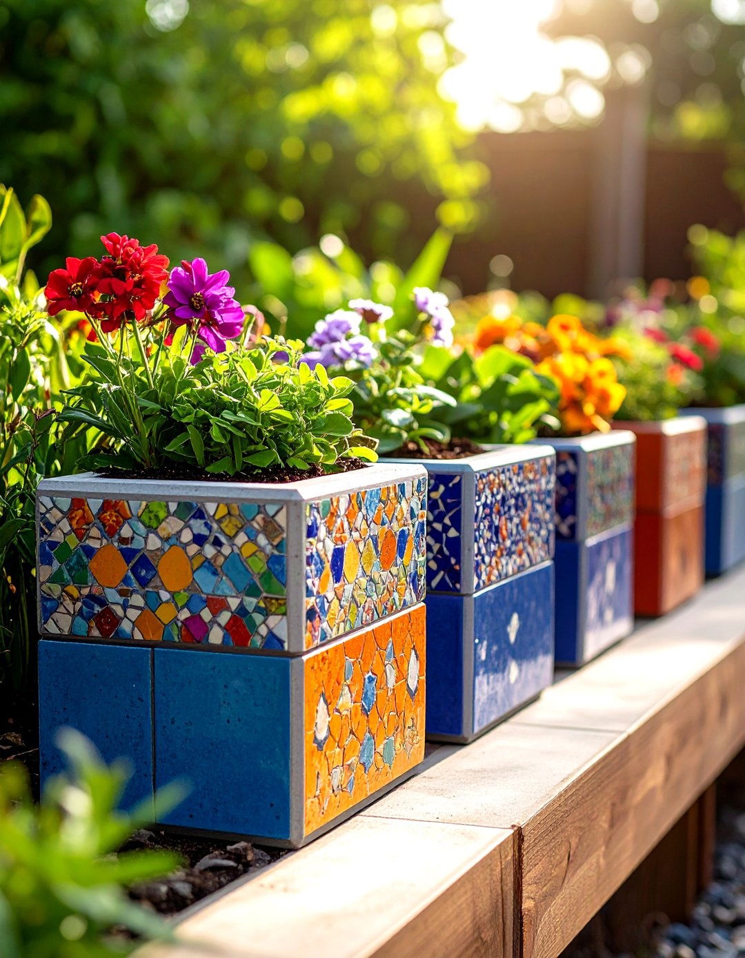 Mosaic Concrete Block Planters - 24 Mosaic Garden Ideas