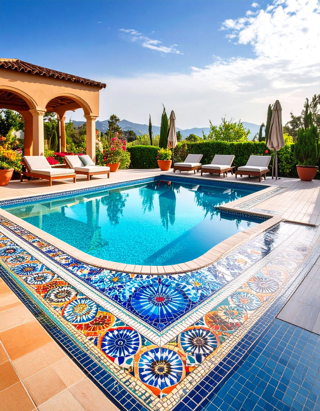 Mosaic Pattern Pool Deck Artistic Design - 24 Pavers Around Pool Ideas