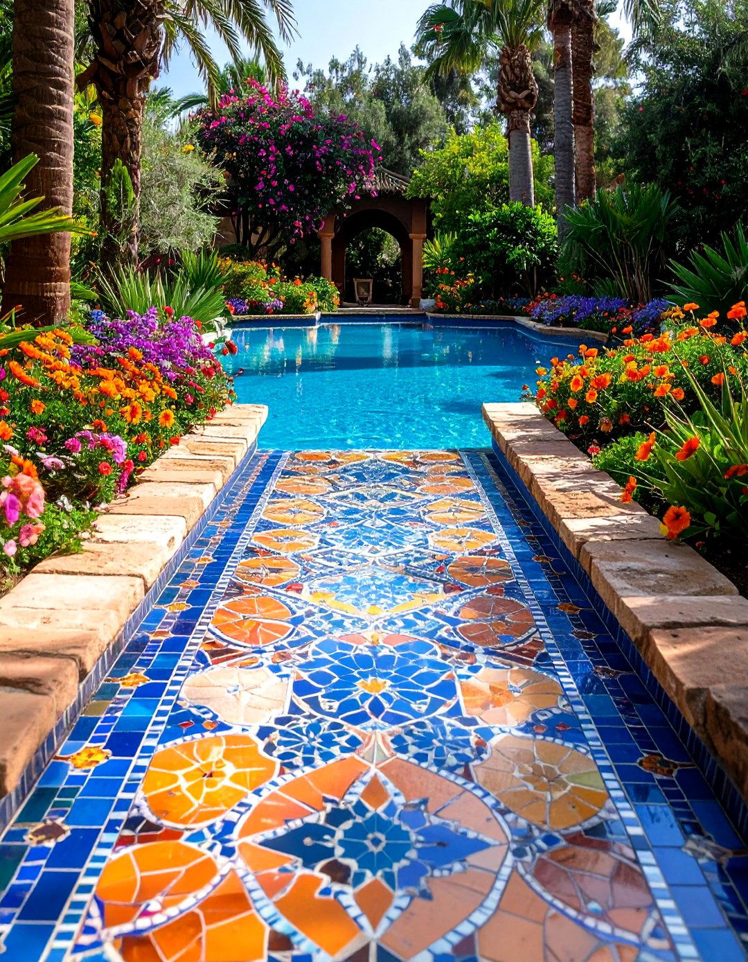 Mosaic Tile Artistic Pool Walkway - 24 Pool Walkway Ideas