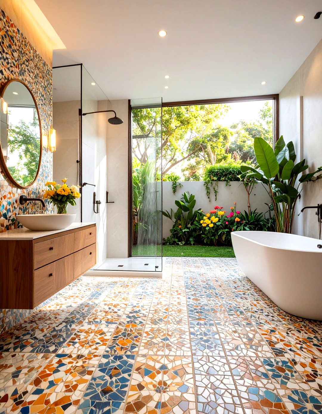 Mosaic Tile Feature Floor Design - 24 Small Bathroom Walk in Shower Ideas