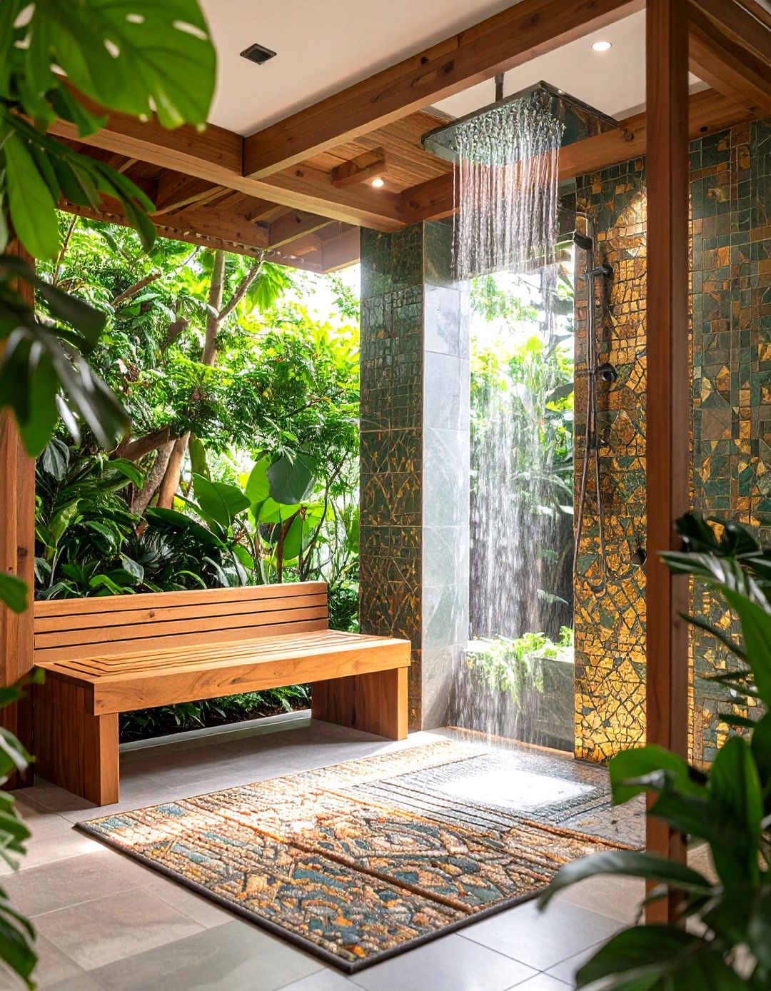 Mosaic Tile Shower Bathroom with Teak Bench Seating - 24 Mid-century Modern Bathroom Ideas