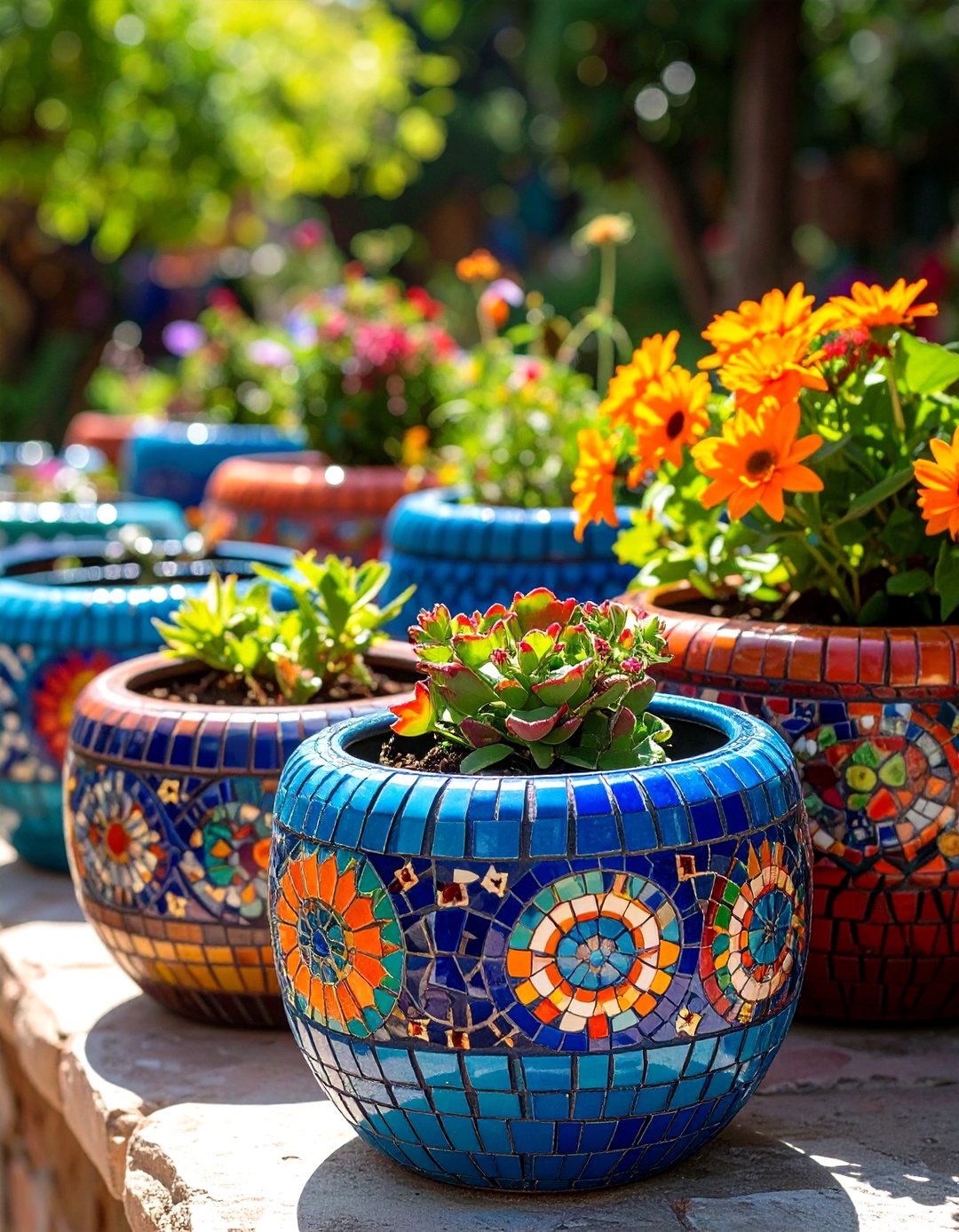 Mosaic Tire Planters - 24 Recycled Tyre Garden Art Ideas