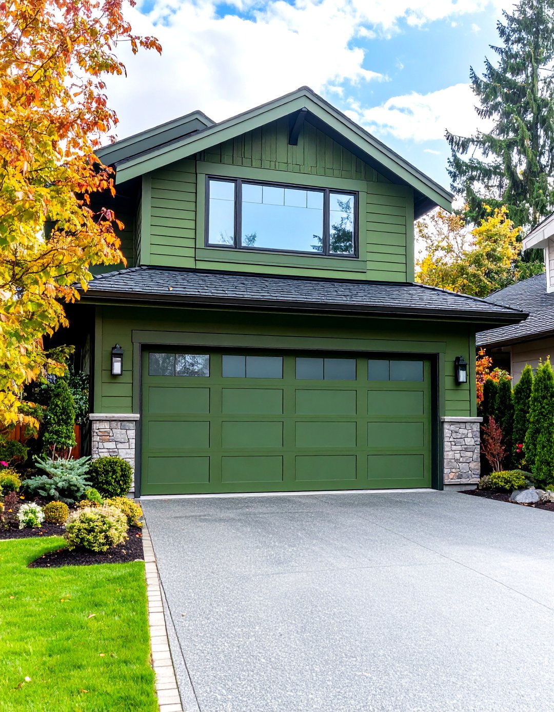 Moss Green Aluminum Door with Frosted Glass Inserts - 24 Green Garage Door Ideas
