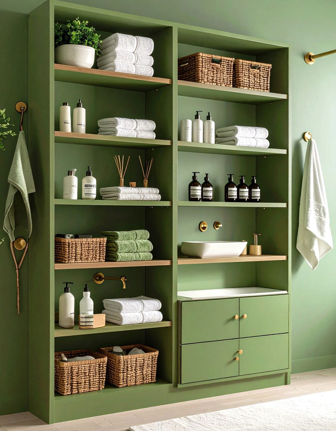 Moss Green Built in Shelving - 24 Small Green Bathroom Ideas