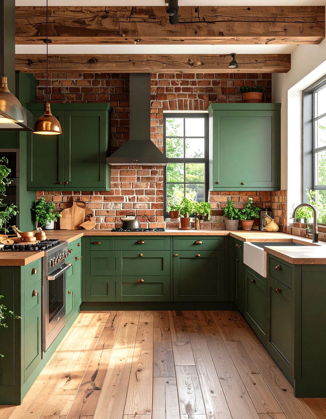 Moss Green Cabinets with Brown Brick Backsplash - 24 Green and Brown Kitchen Ideas