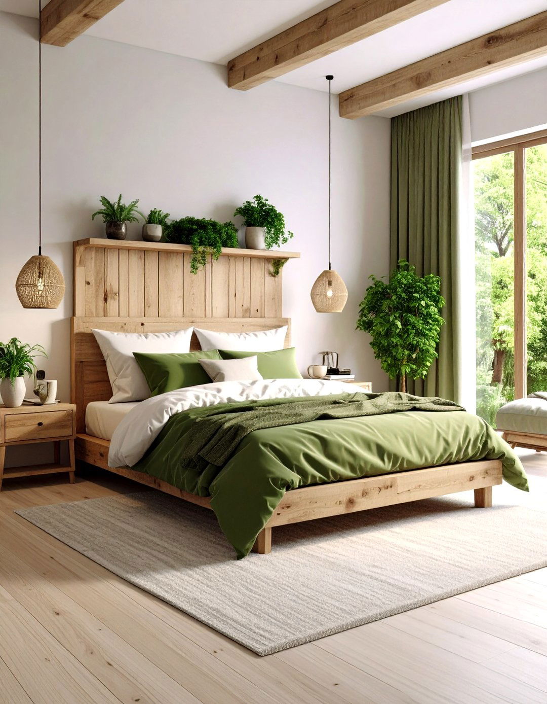 Moss Green Textiles with Reclaimed Wood Features - 24 Green and Brown Bedroom Ideas