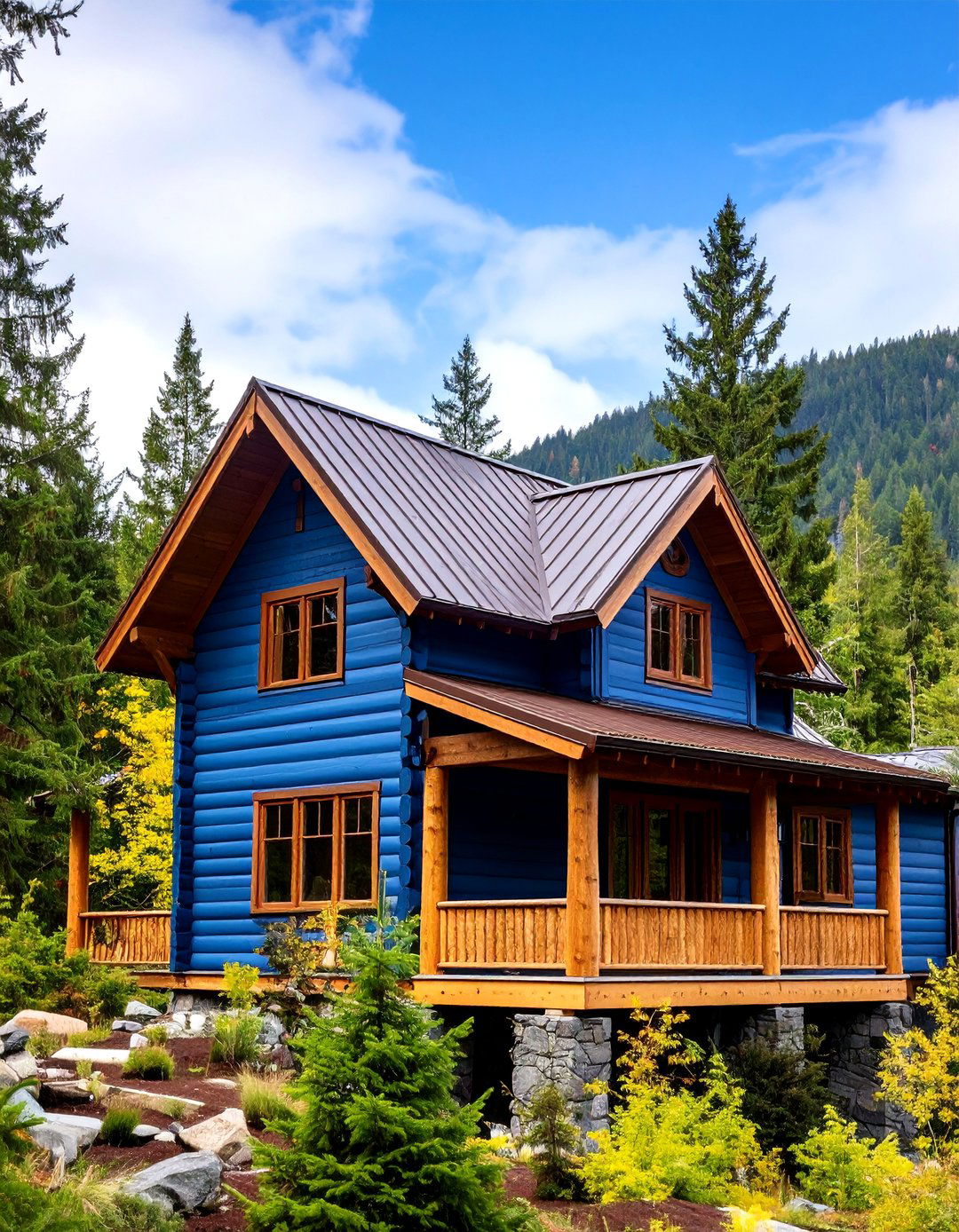 Mountain Lodge Blue with Brown Metal Roofing - 24 blue exterior home with a brown roof ideas
