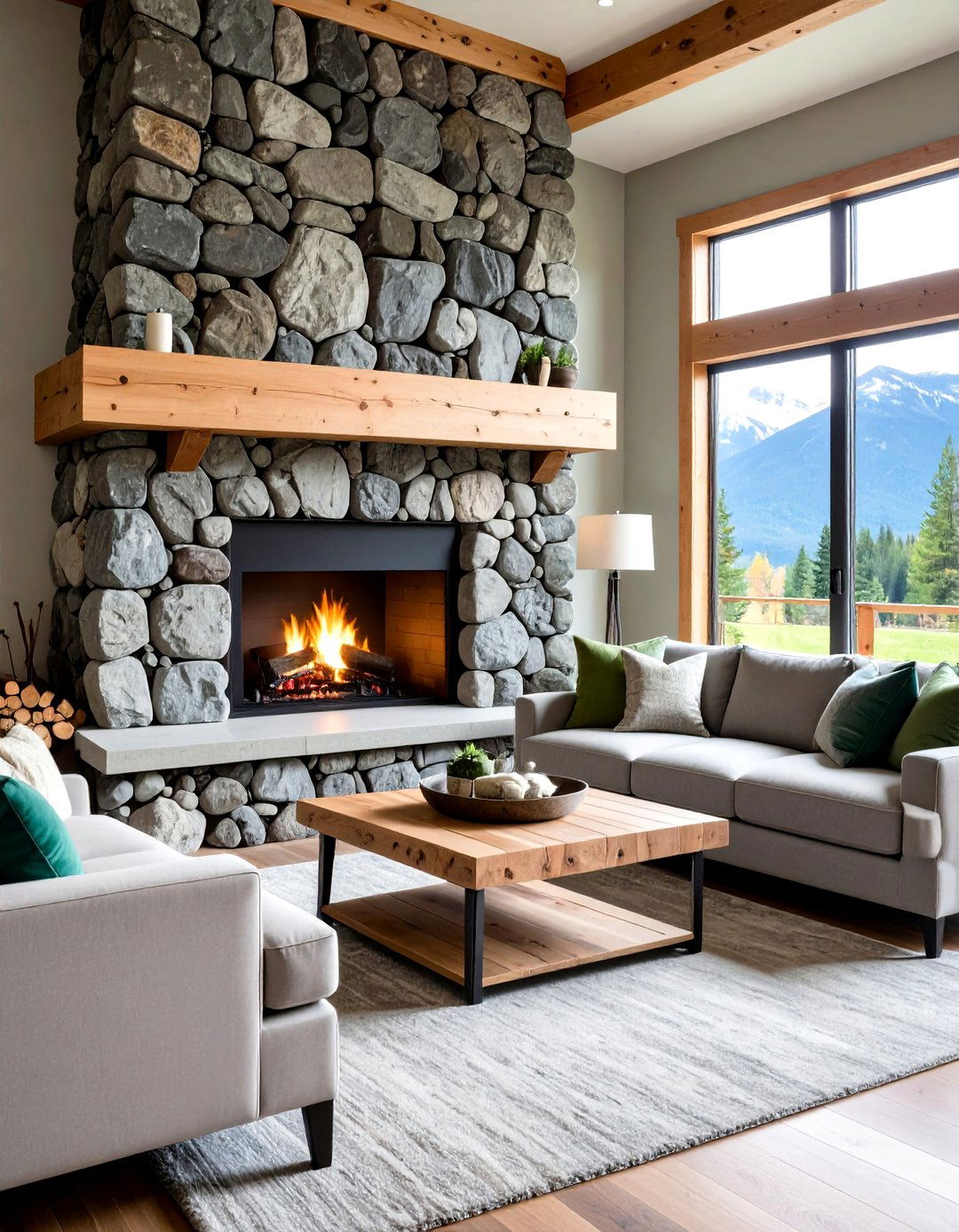 Mountain Lodge Moss Rock with Timber - 24 Living Room Fireplace Ideas