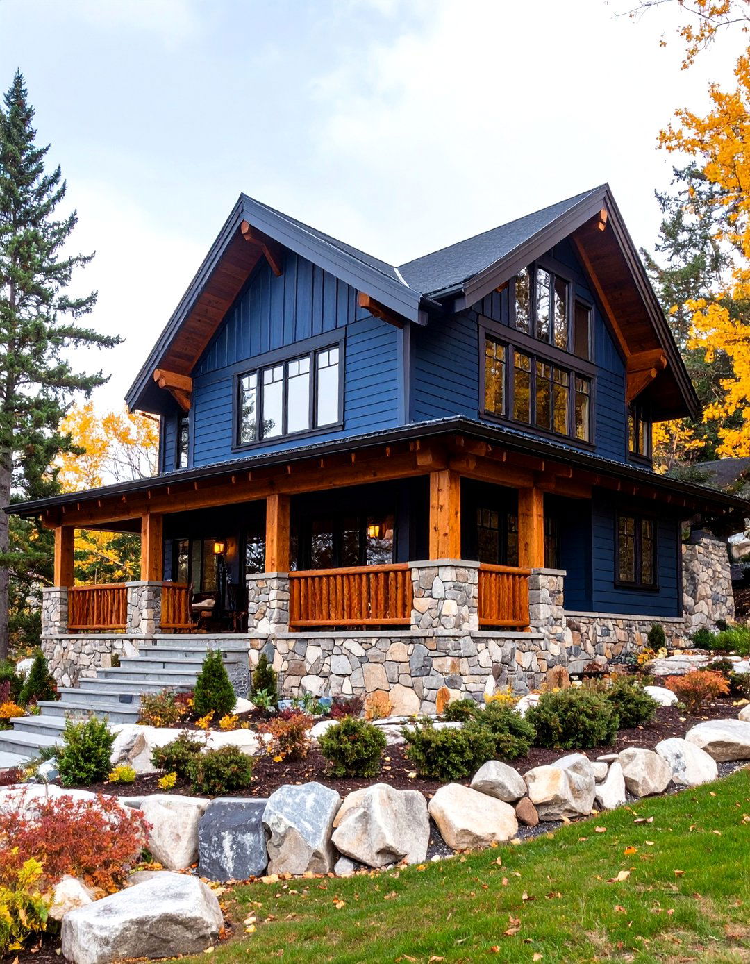 Mountain Lodge in Storm Blue with Black Metal Details - 24 Blue House With Black Trim Ideas