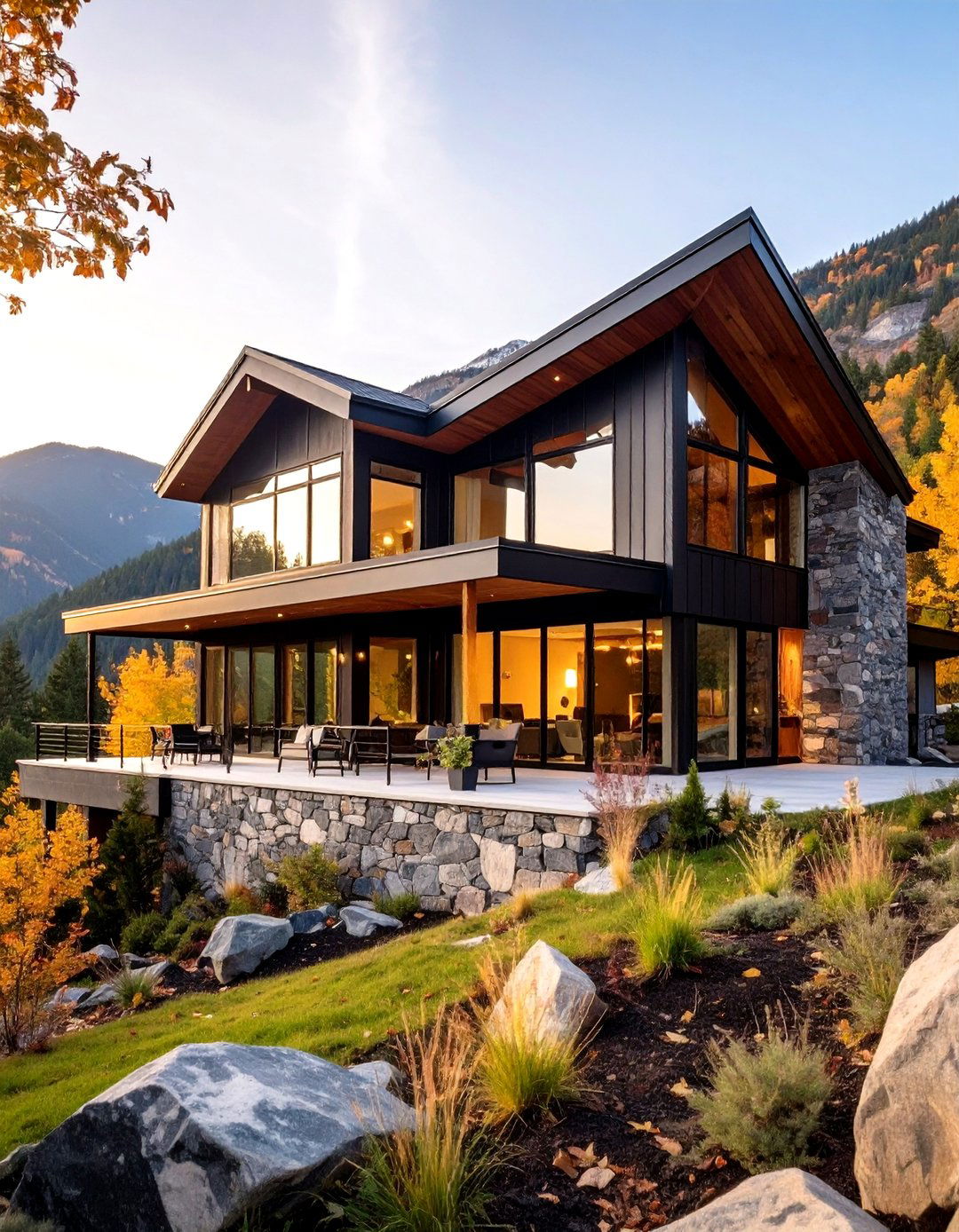 Mountain Retreat Stone and Wood Combination - 24 Black House With Wood Accents