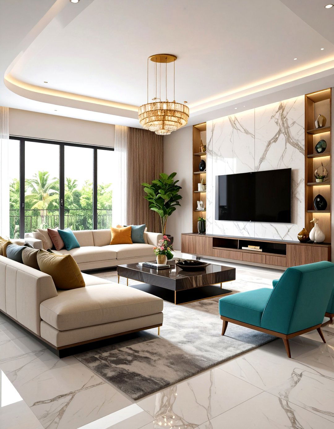 Multi Functional Marble Entertainment Space - 24 Marble Floor Living Room Ideas