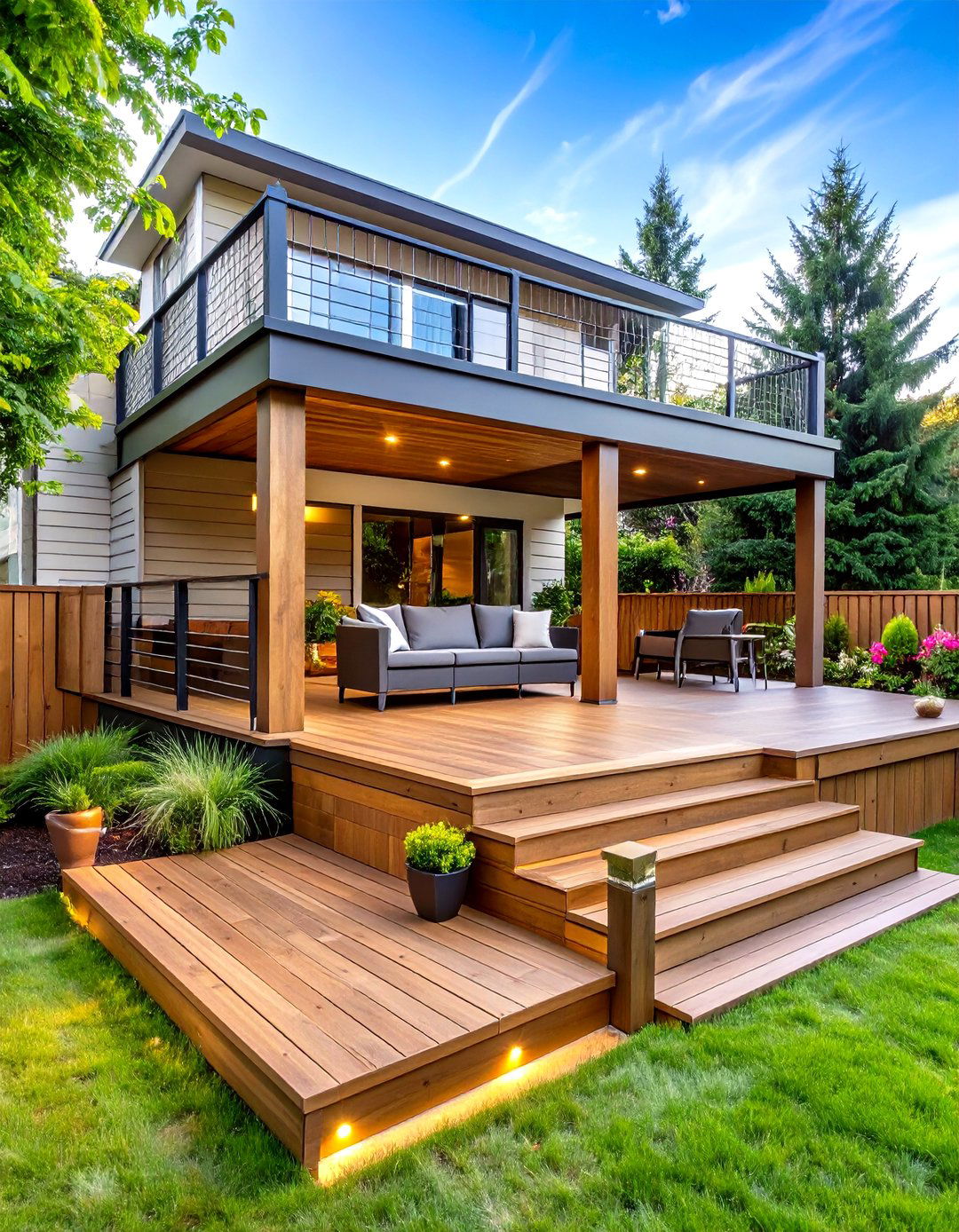 Multi Level Composite Deck with Built In Seating - 24 Large Deck Ideas