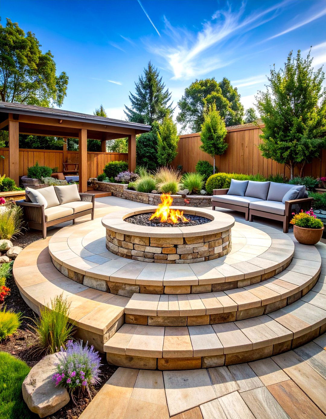 Multi Level Flagstone Fire Pit Patio Design - 24 Flagstone Fire Pit Ideas