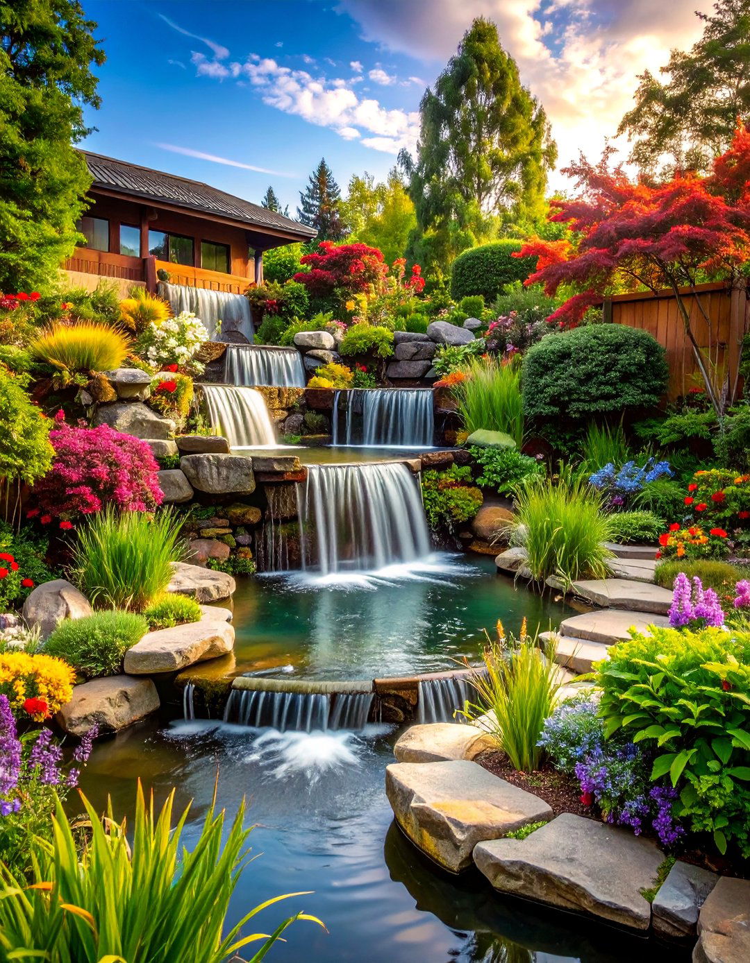 Multi Level Pond Waterfall System - 24 Backyard Waterfall Ideas