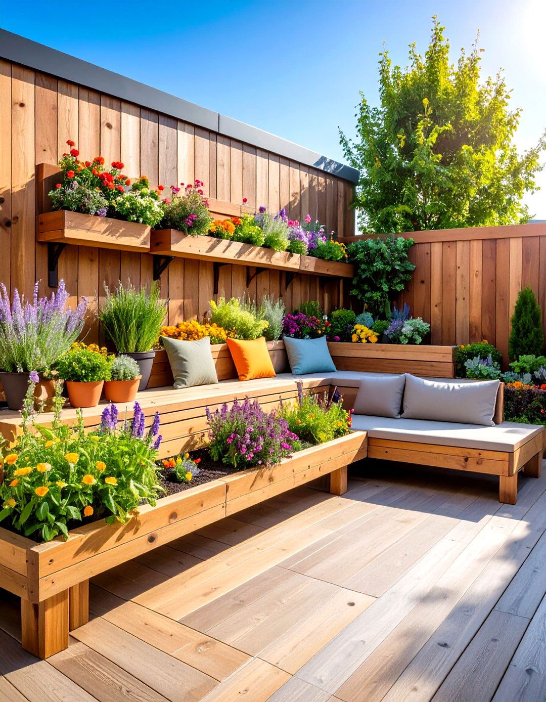 Multi Level Seating Area with Built in Planters - 24 Garden Sleeper Ideas