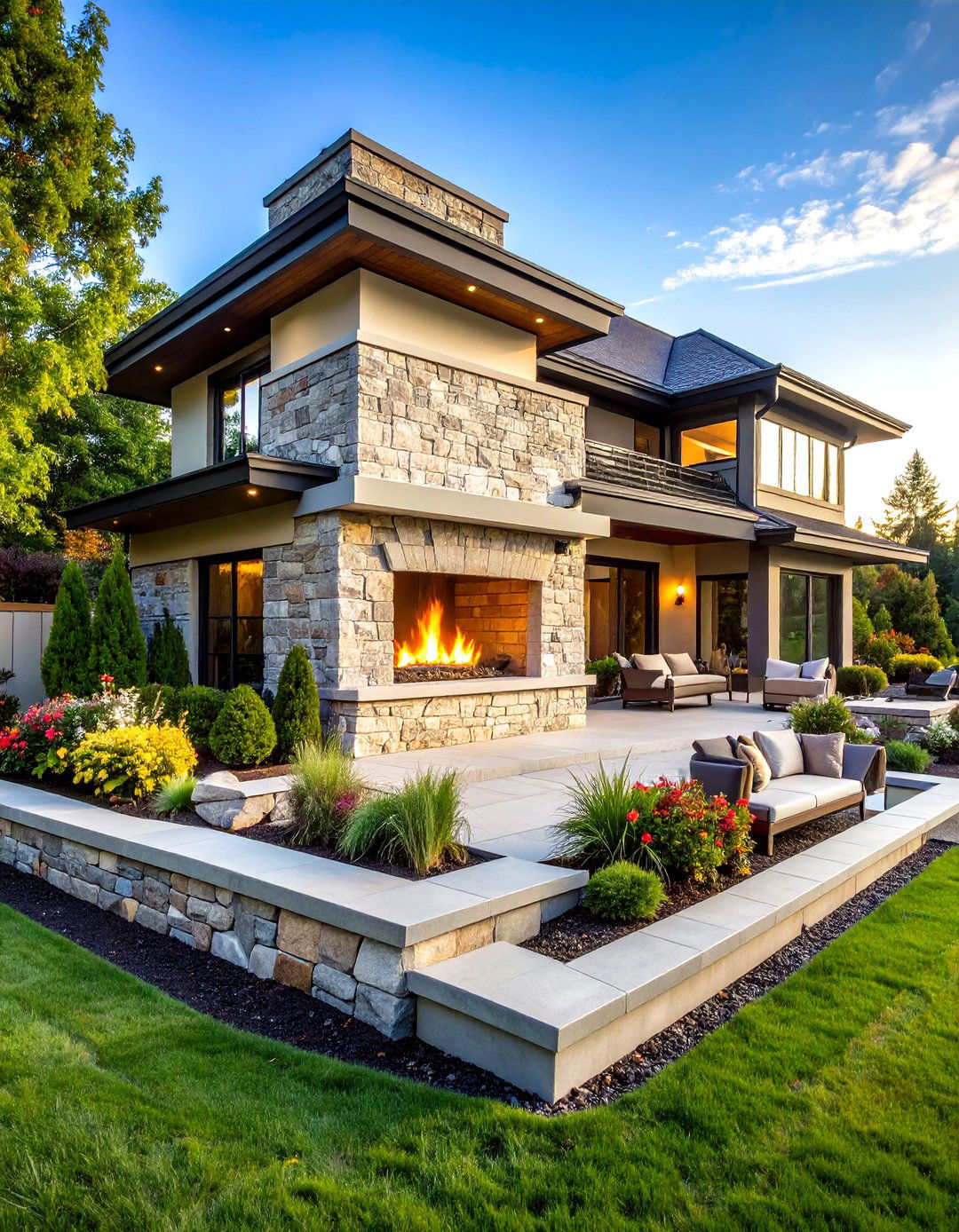 Multi Level Stone Fireplace Complex - 24 Outdoor Fireplace Ideas