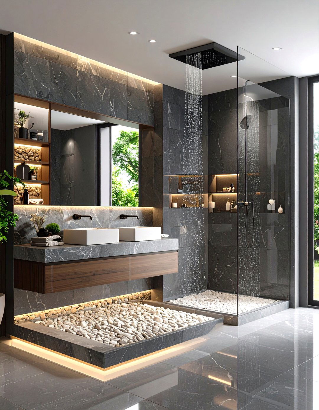 Multi Level Stone Ledges - 24 Rustic Walk-in Shower Ideas