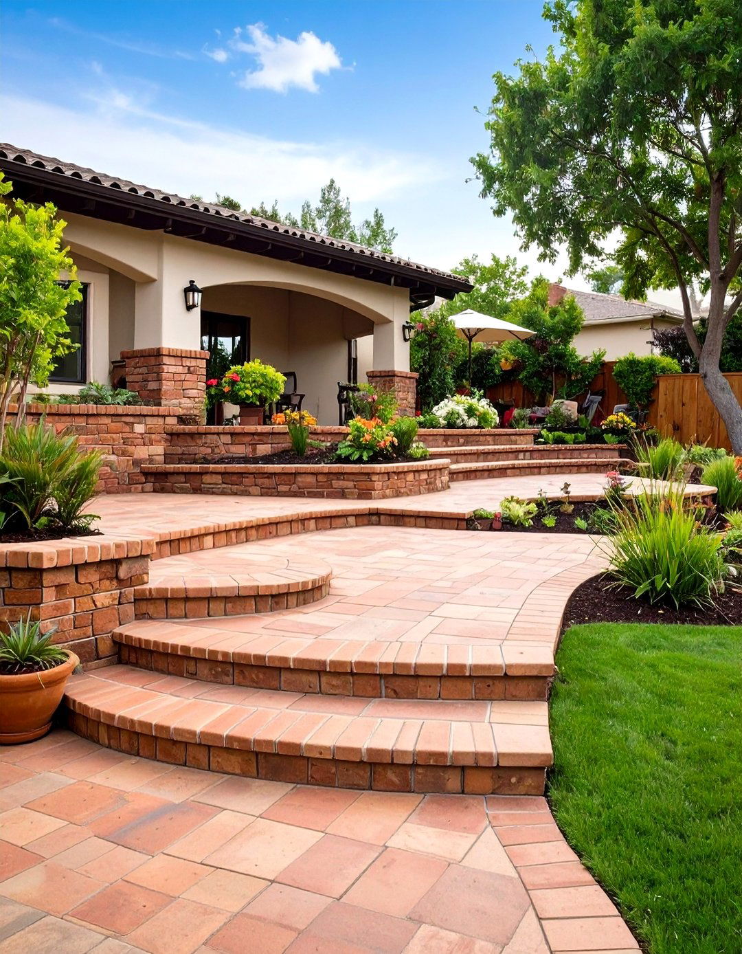 Multi Level Terraced Brick Patio - 24 Brick Patio Ideas