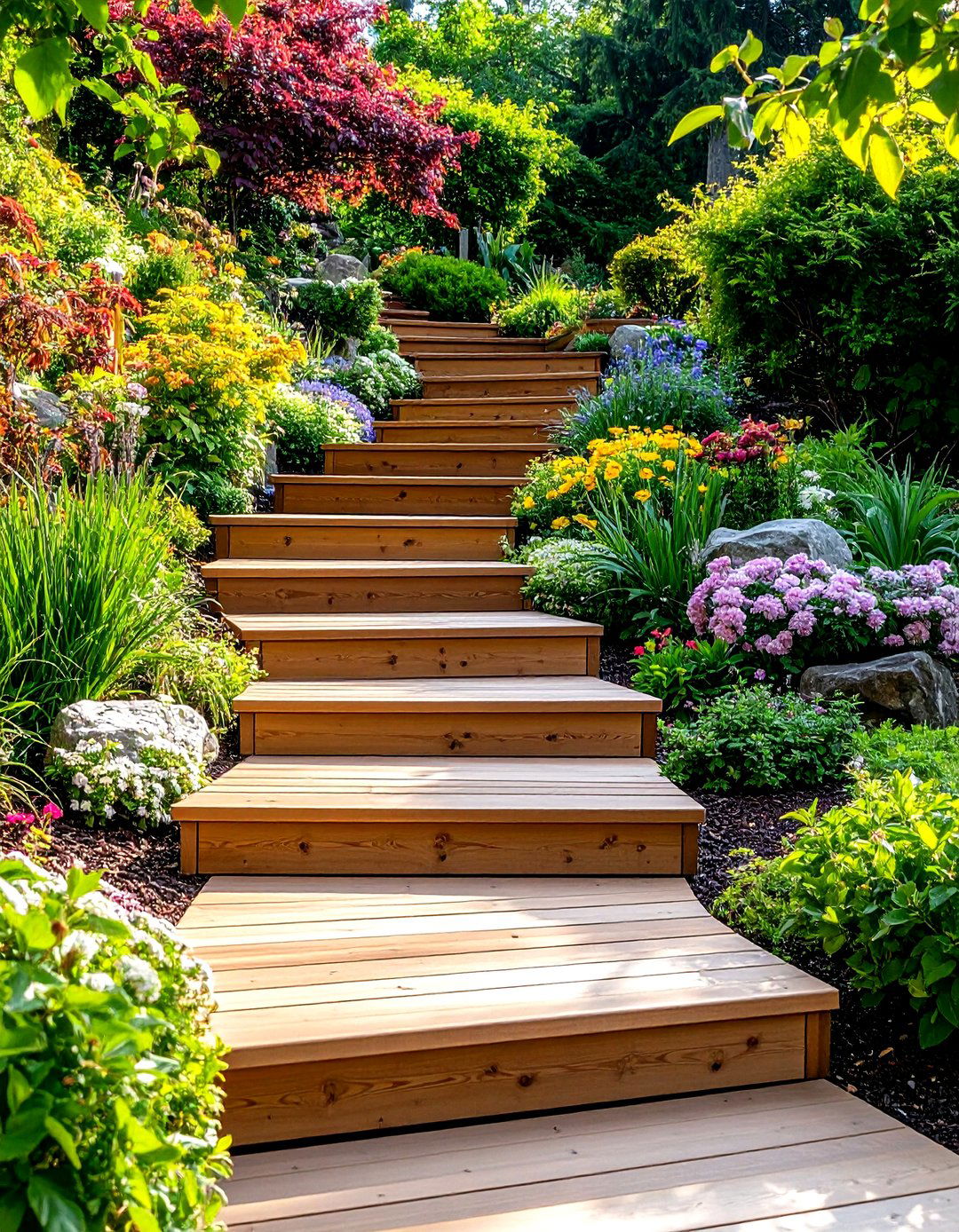 Multi Level Terraced Wooden Steps - 24 Wooden Walkway Ideas