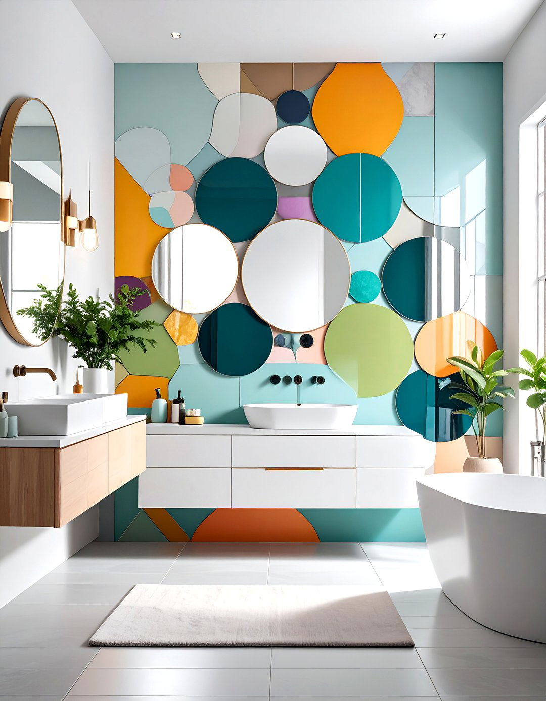 Multi Panel Mirror Wall with Various Shapes - 24 Bathroom Mirror Ideas