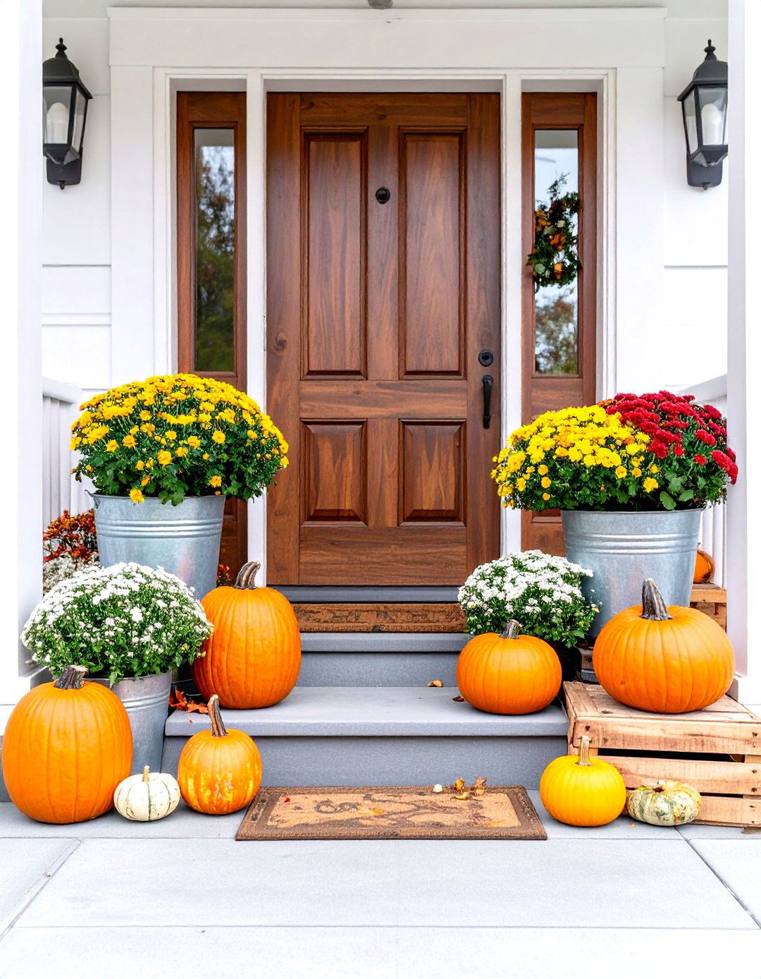 Mums in Galvanized Containers Display - 24 Front Door Fall Decor Ideas