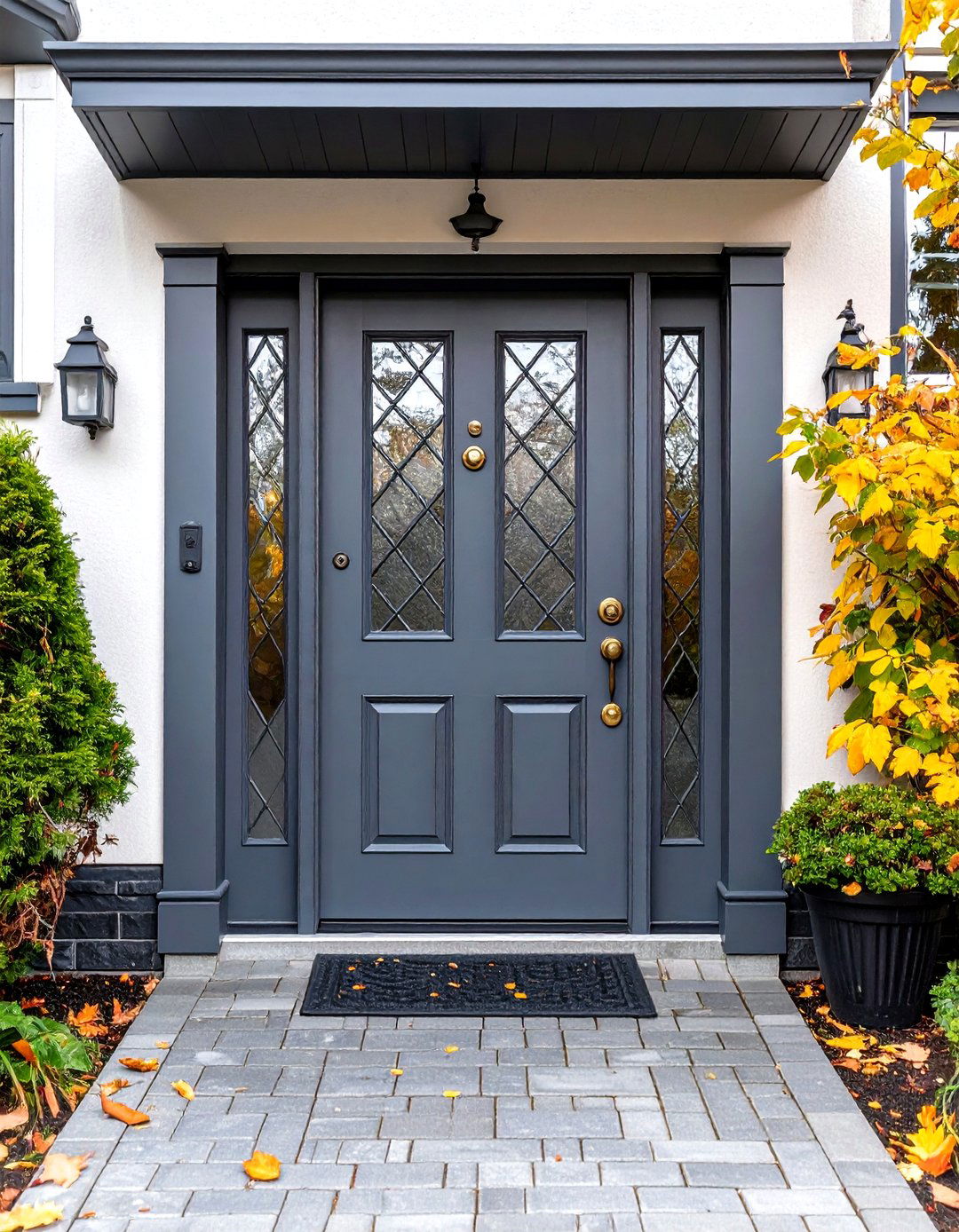 Mushroom Grey Fiberglass Door with Leaded Glass - 24 Grey Front Door Ideas