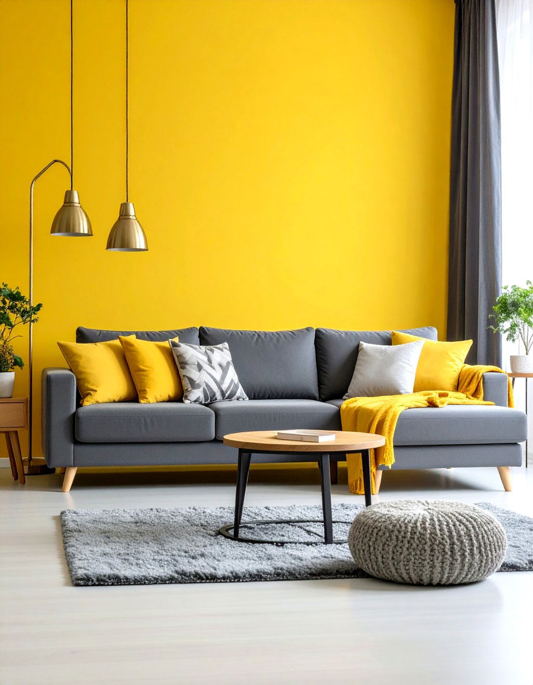 Mustard Yellow Accent Wall with Grey Sectional - 24 Grey and Yellow Living Room Ideas
