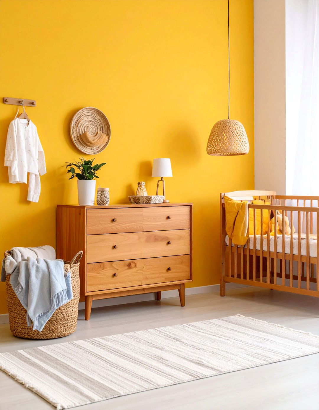Mustard Yellow Accent Wall with Teak Furniture - 24 Mid-century Modern Nursery Ideas