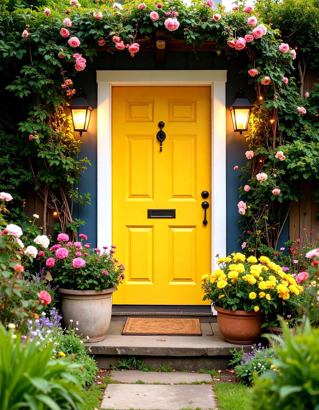 Mustard Yellow Door with Cottage Garden Surroundings - 24 Mustard Yellow Front Door Ideas
