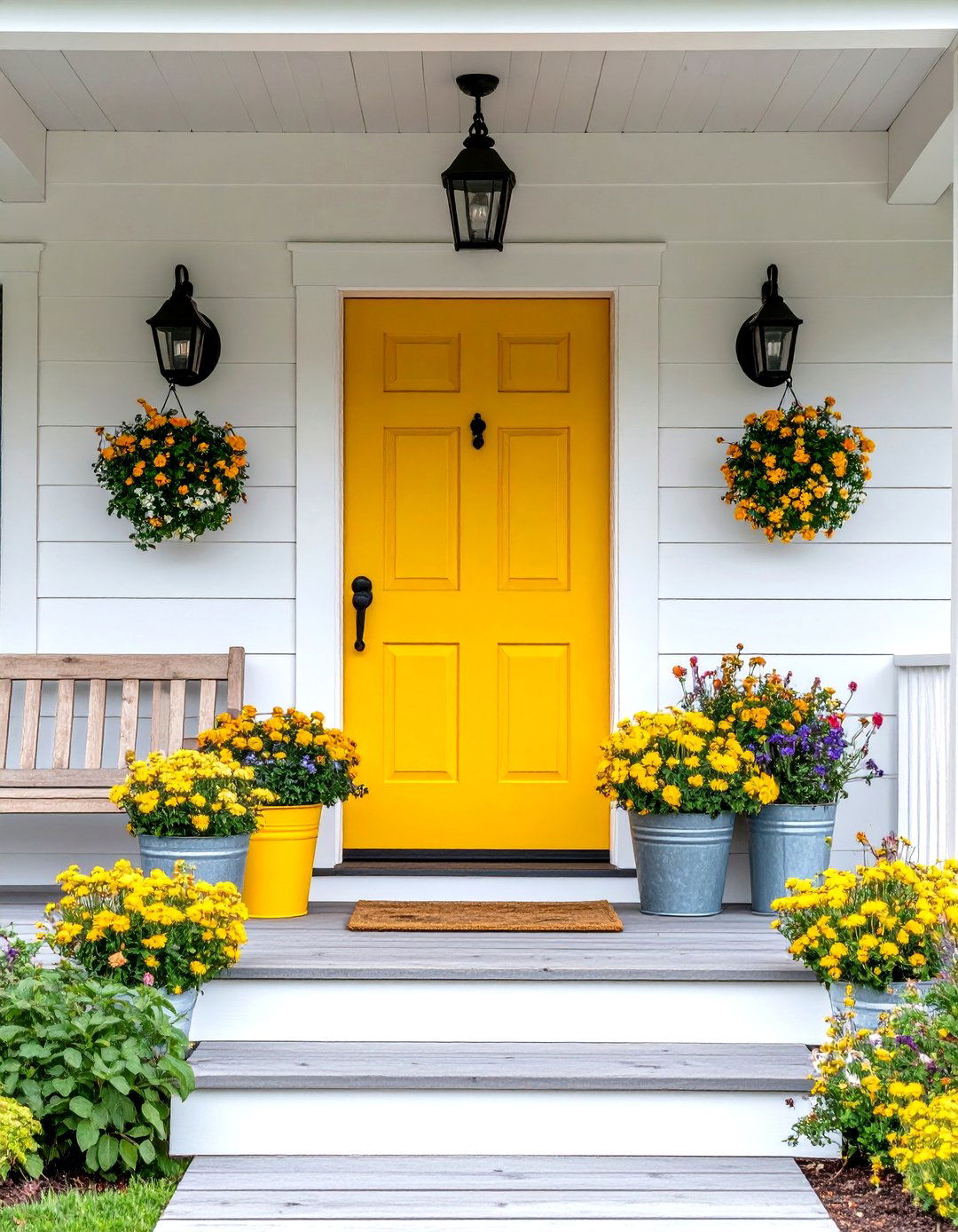 Mustard Yellow Farmhouse Door with White Shiplap Siding - 24 Mustard Yellow Front Door Ideas