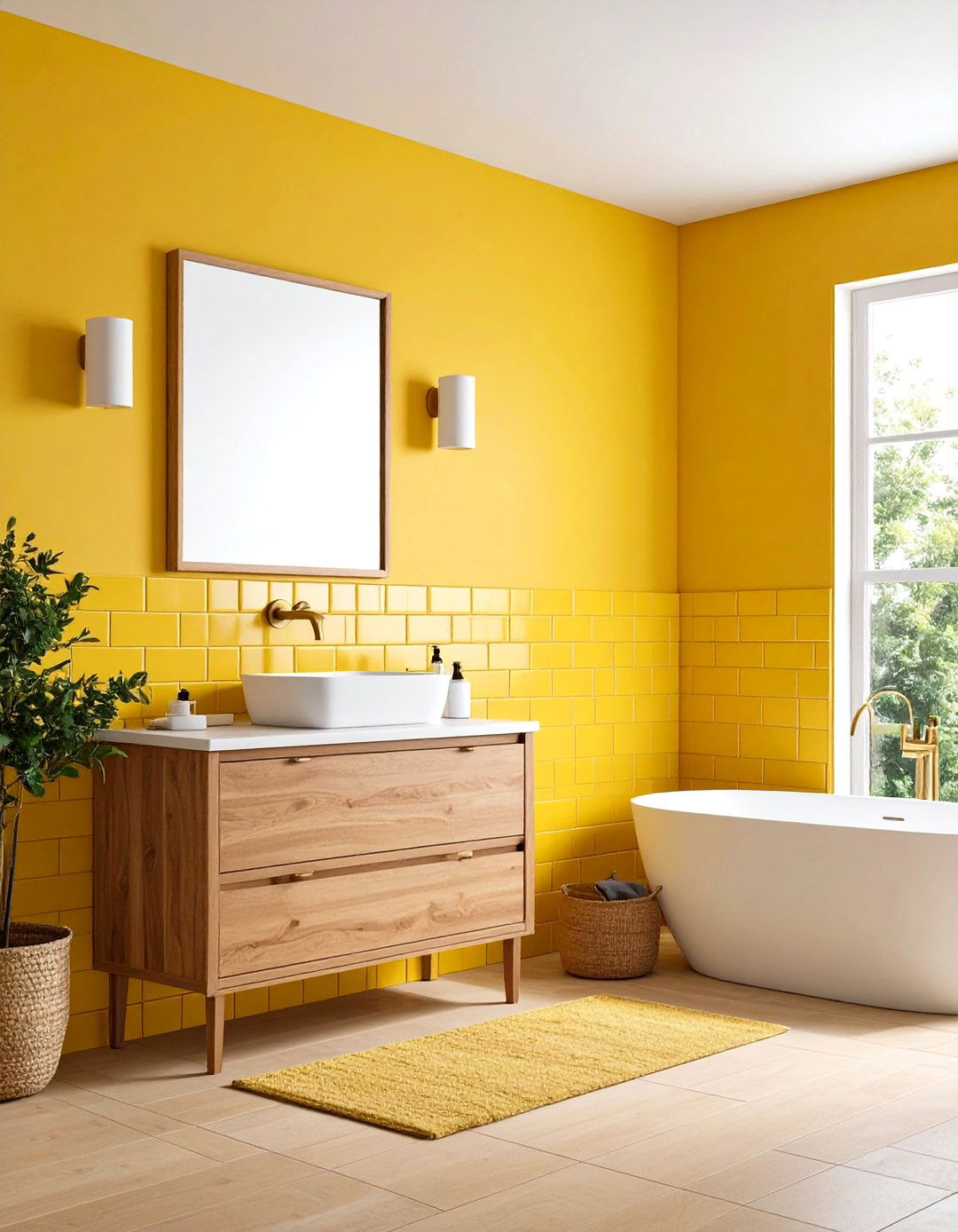Mustard Yellow Subway Tile Accent Wall - 24 Yellow Bathroom Ideas