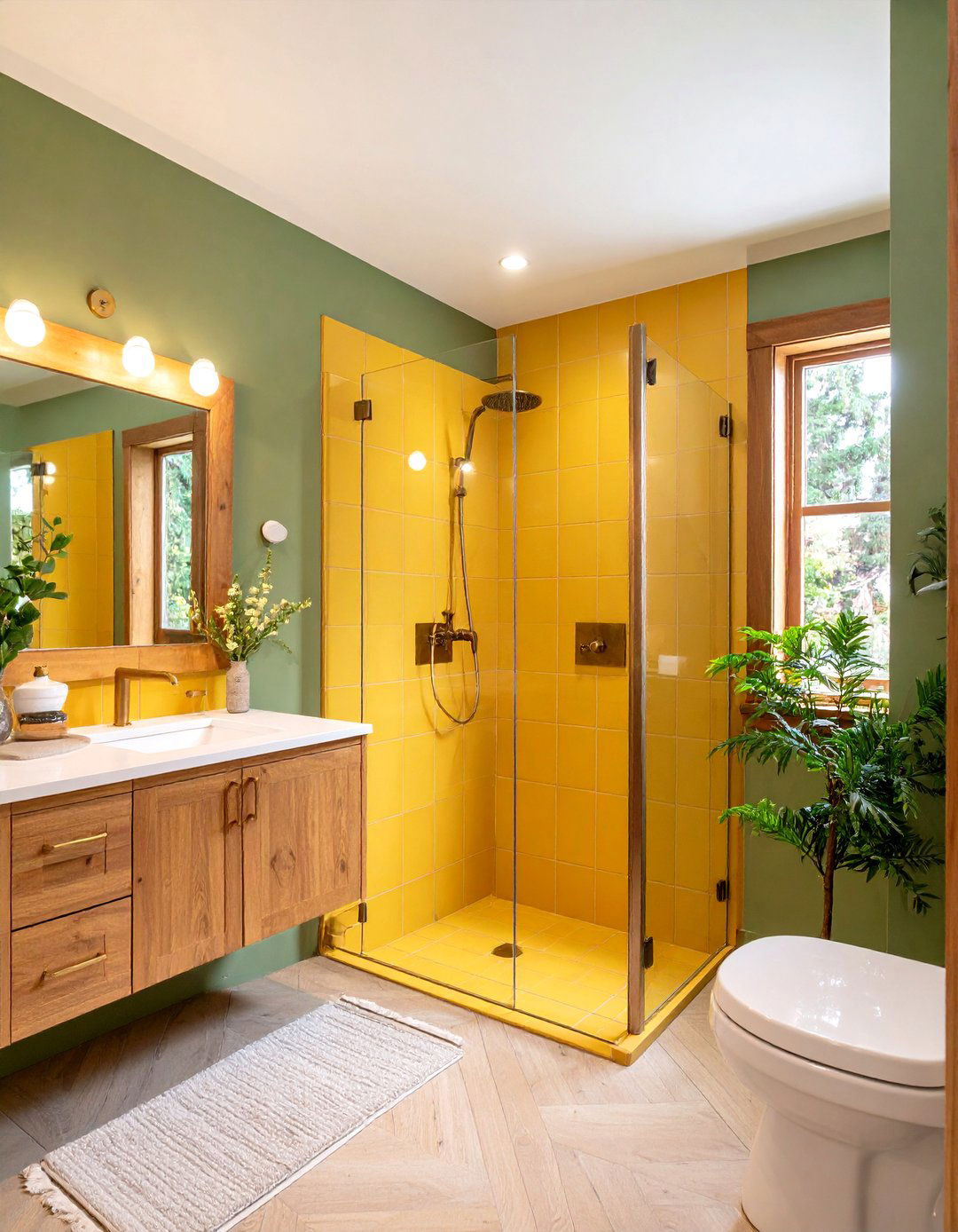 Mustard Yellow Tile Shower with Forest Green Walls - 24 Yellow and Green Bathroom Ideas