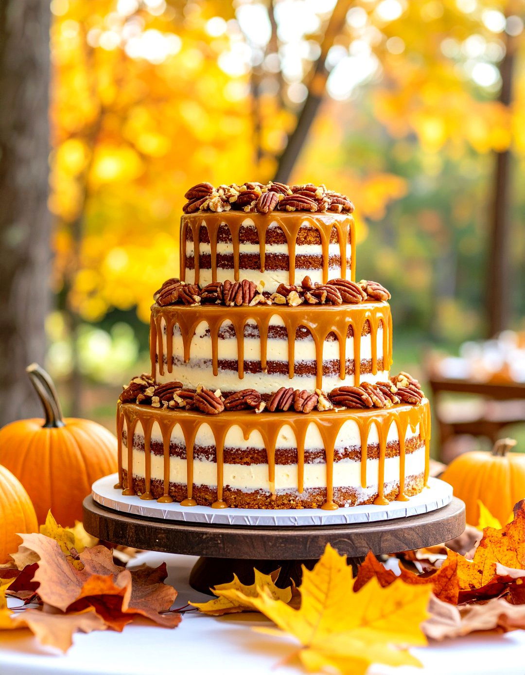Naked Banana Cake with Caramel Drip and Pecan Topping - 24 Naked and Semi-naked Wedding Cake Ideas