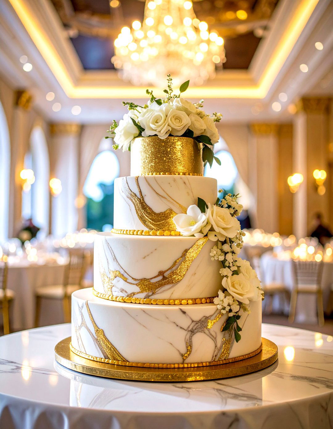 Naked Marble Cake with Gold Dust and White Flowers - 24 Naked and Semi-naked Wedding Cake Ideas
