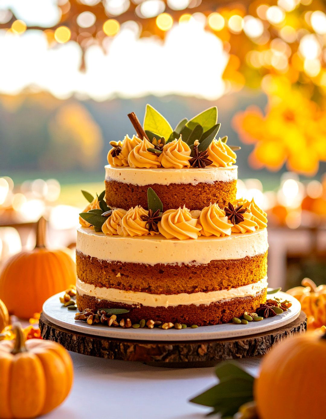 Naked Pumpkin Spice Cake with Cinnamon Buttercream Rosettes - 24 Naked and Semi-naked Wedding Cake Ideas