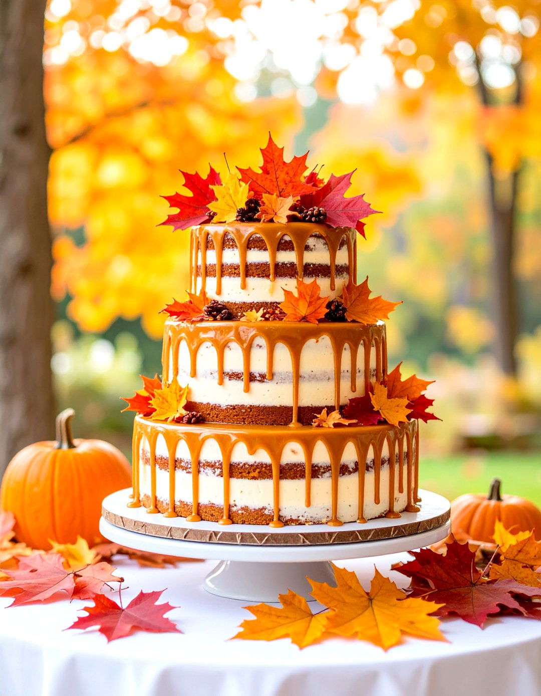 Naked Spice Cake with Maple Glaze and Autumn Leaves - 24 Naked and Semi-naked Wedding Cake Ideas
