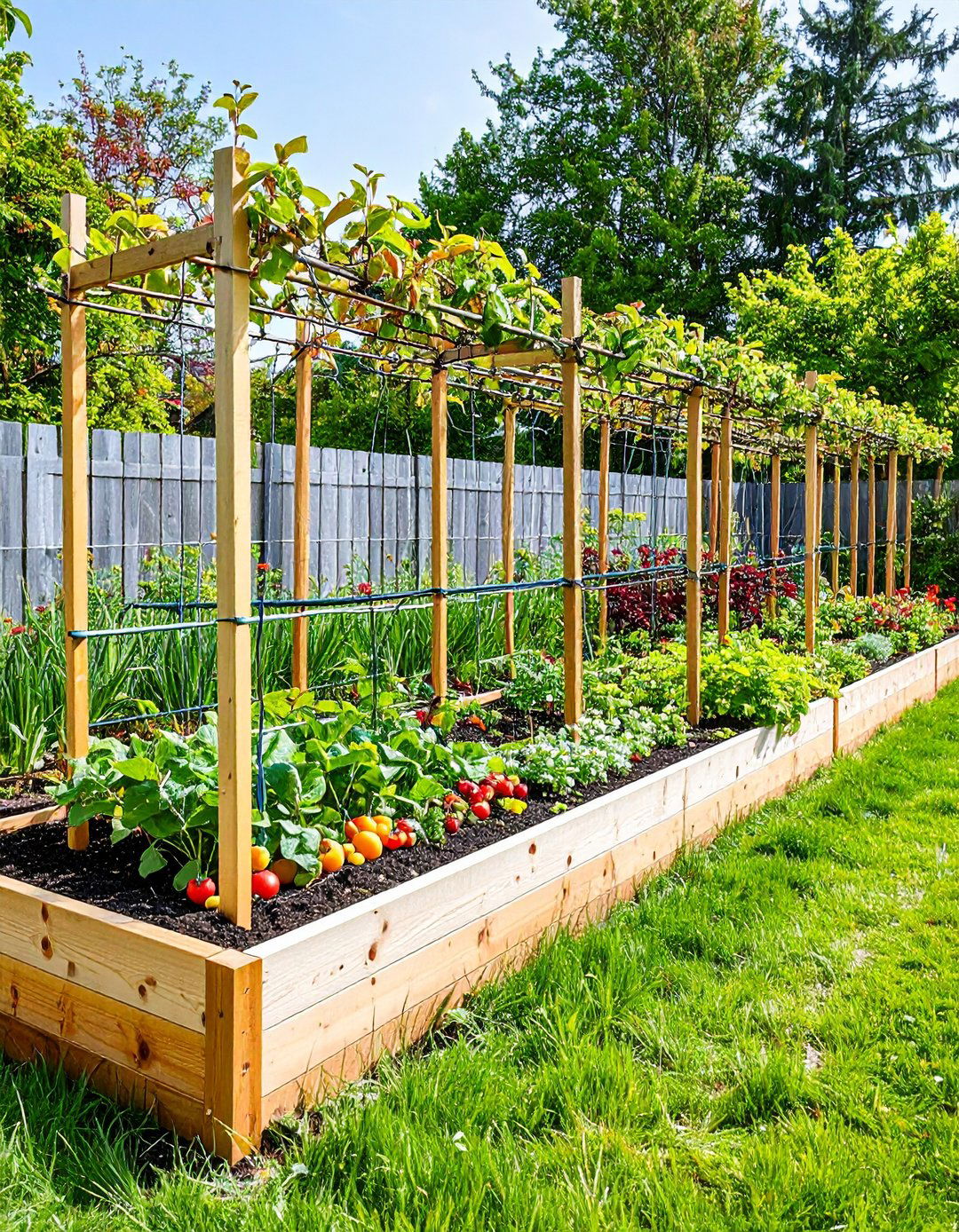 Narrow Raised Bed with Espaliered Fruit Tree Support - 24 Raised Garden Bed Along Fence Ideas