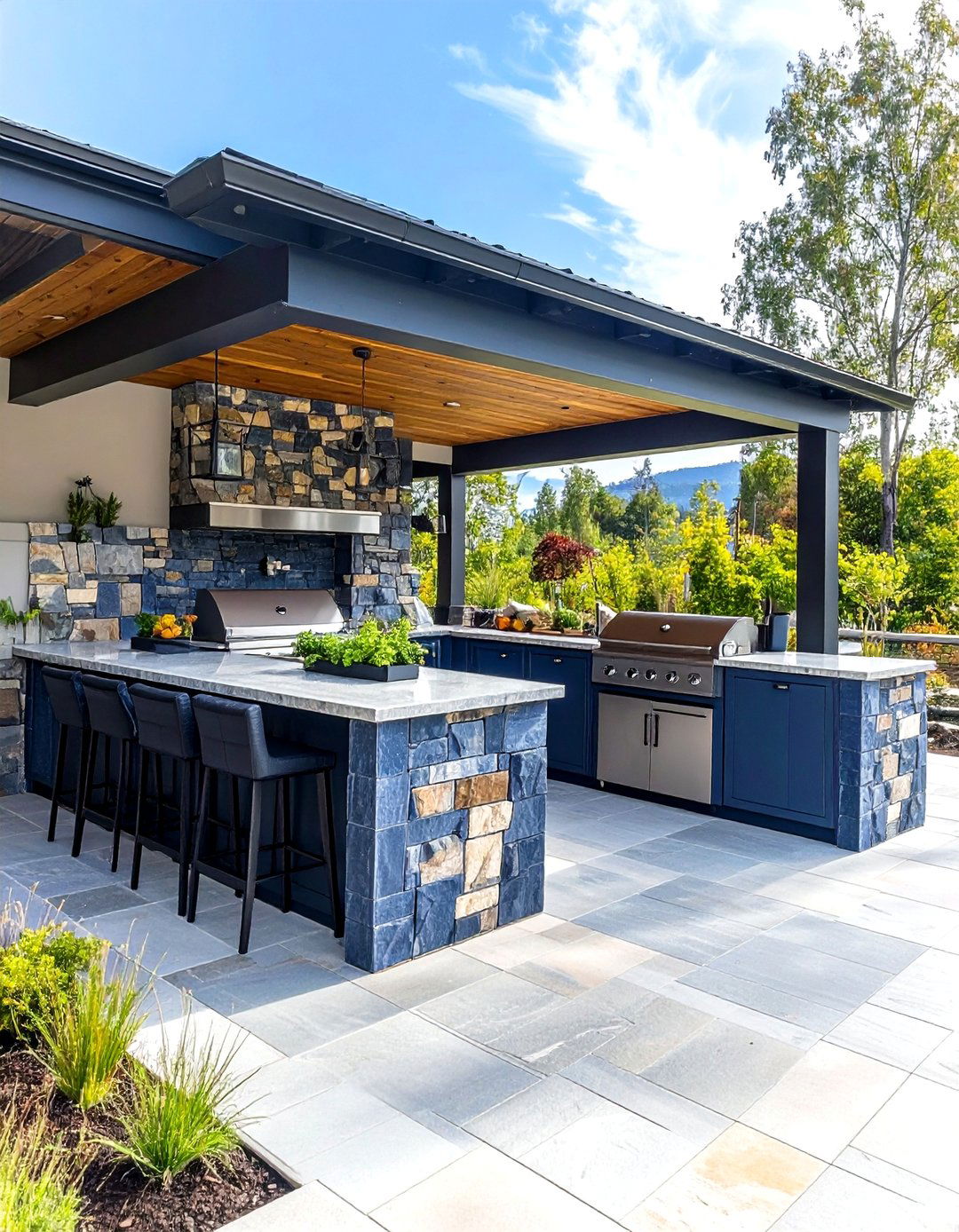 Natural Bluestone L Shaped Layout - 24 Rustic Outdoor Kitchen Ideas