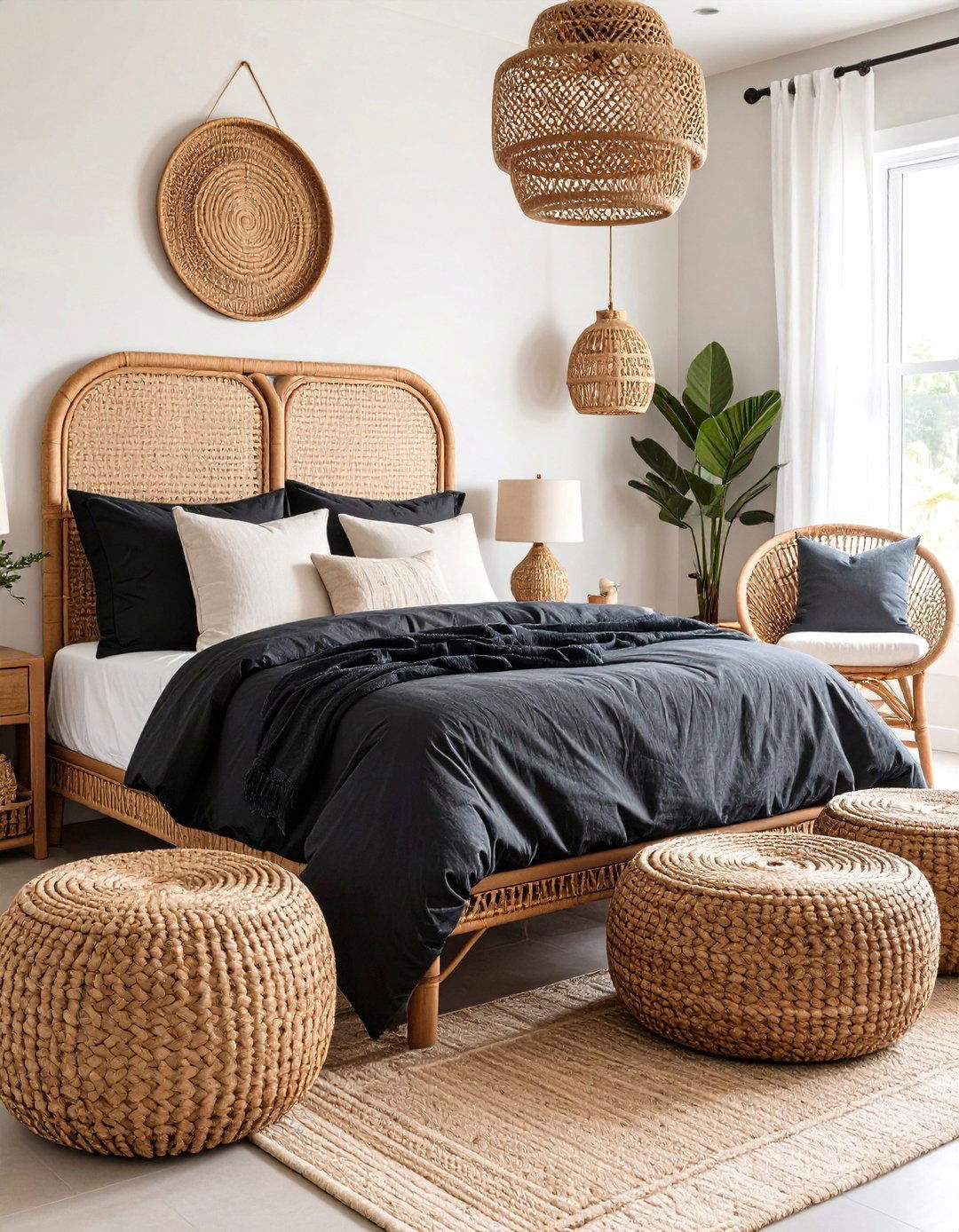 Natural Brown Rattan Furniture with Black Linen Textiles - 24 Black and Brown Bedroom Ideas