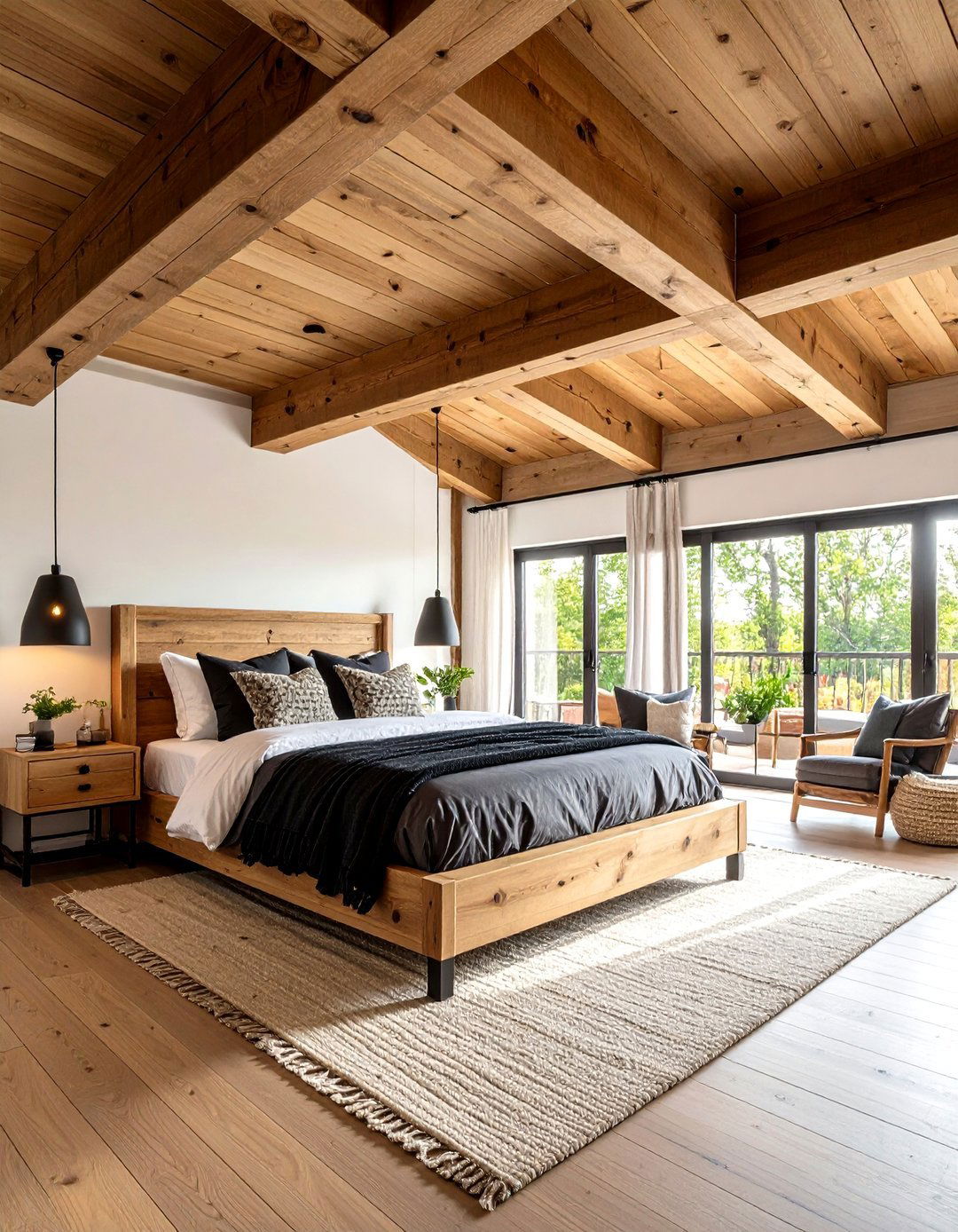 Natural Brown Wood Beam Ceiling with Black Metal Fixtures - 24 Black and Brown Bedroom Ideas