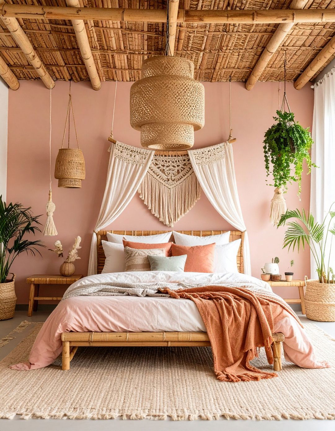 Natural Fiber Ceiling Treatment - 24 Pink Boho Bedroom Ideas