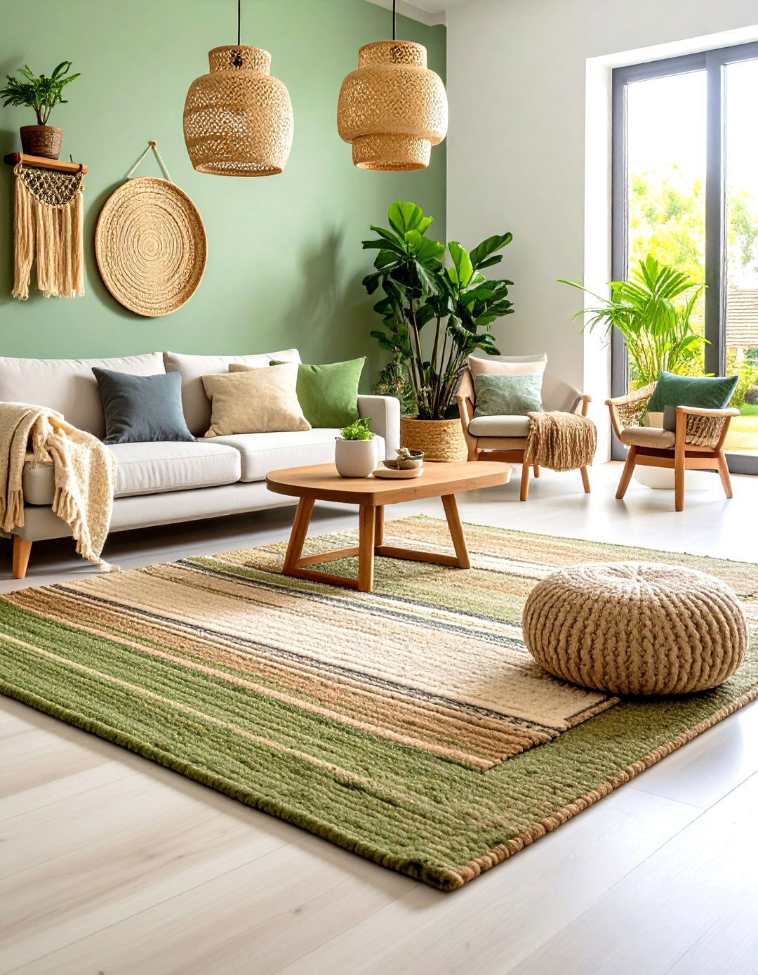 Natural Fiber Rugs Layered in Sage Green Spaces - 24 Rustic Sage Green Living Room Ideas