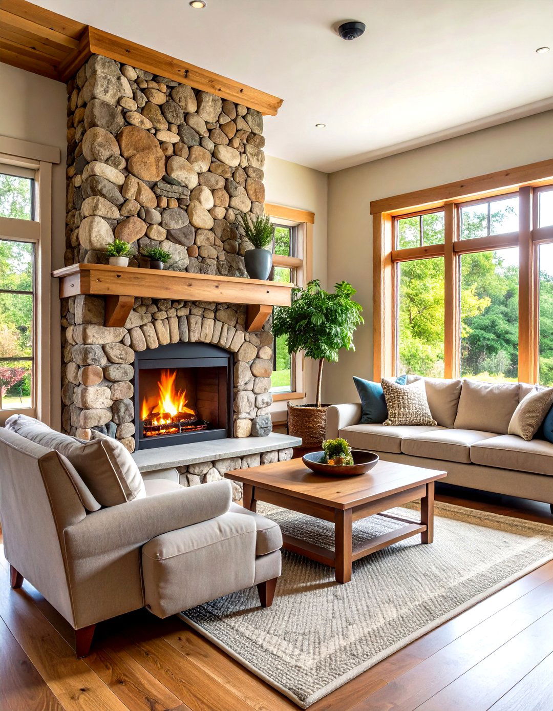 Natural Fieldstone Country Cottage Style - 24 Floor to Ceiling Stone Fireplace Ideas