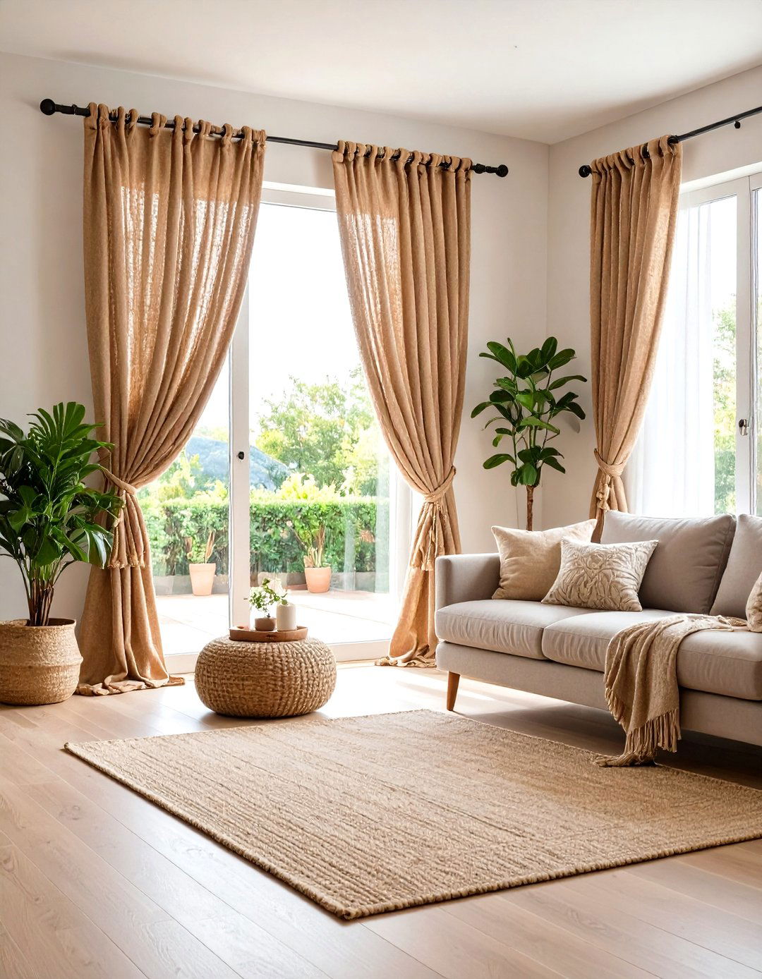 Natural Jute Curtains with Rope Tie Backs - 24 Boho Curtain Ideas