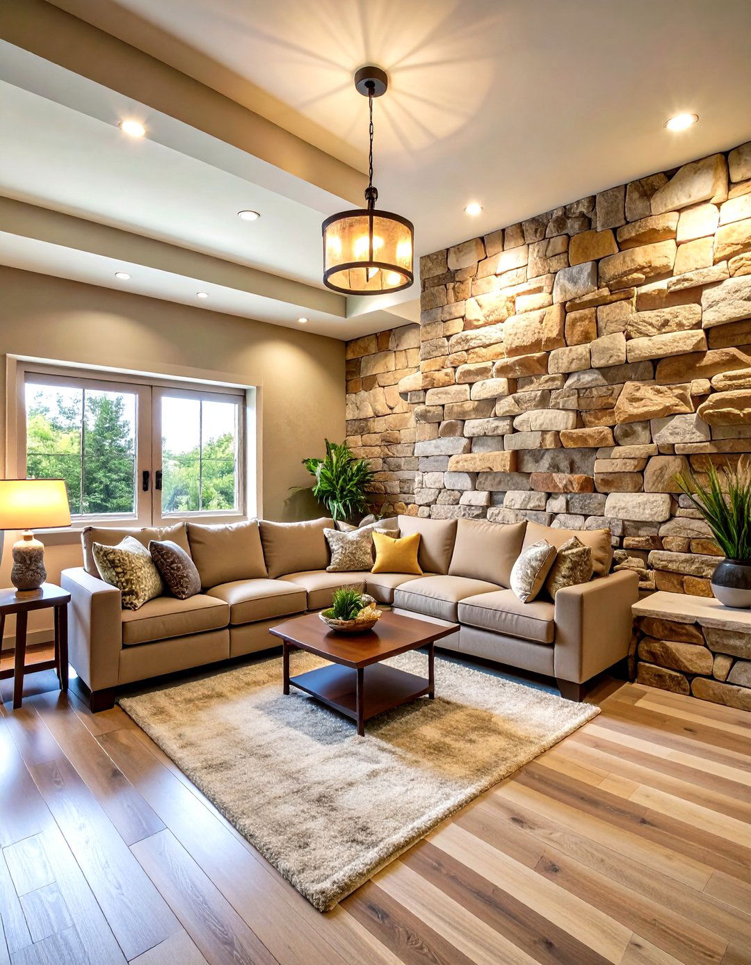 Natural Ledgestone Feature Wall - 24 Basement Fireplace Ideas