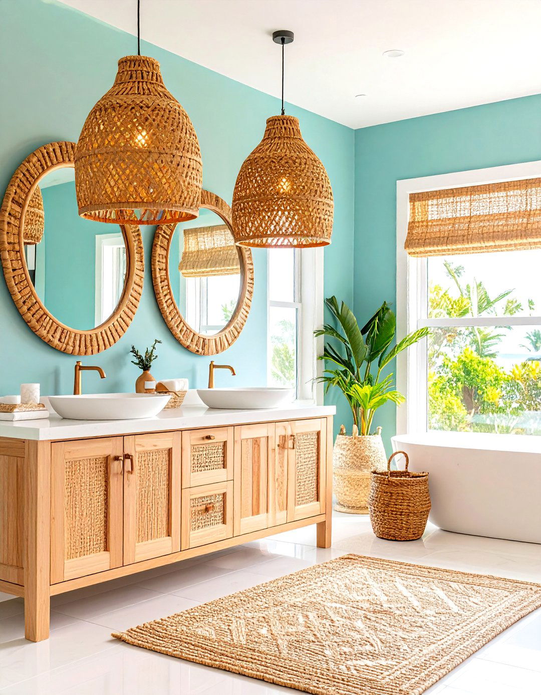 Natural Rattan Coastal Pendant Lighting - 24 Bathroom Pendant Lighting Ideas