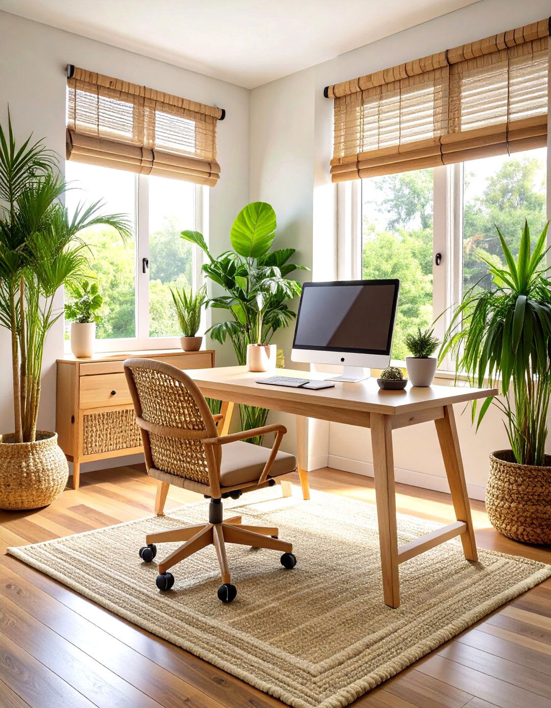Natural Rattan Workspace Design - 24 Bohemian Home Office Ideas