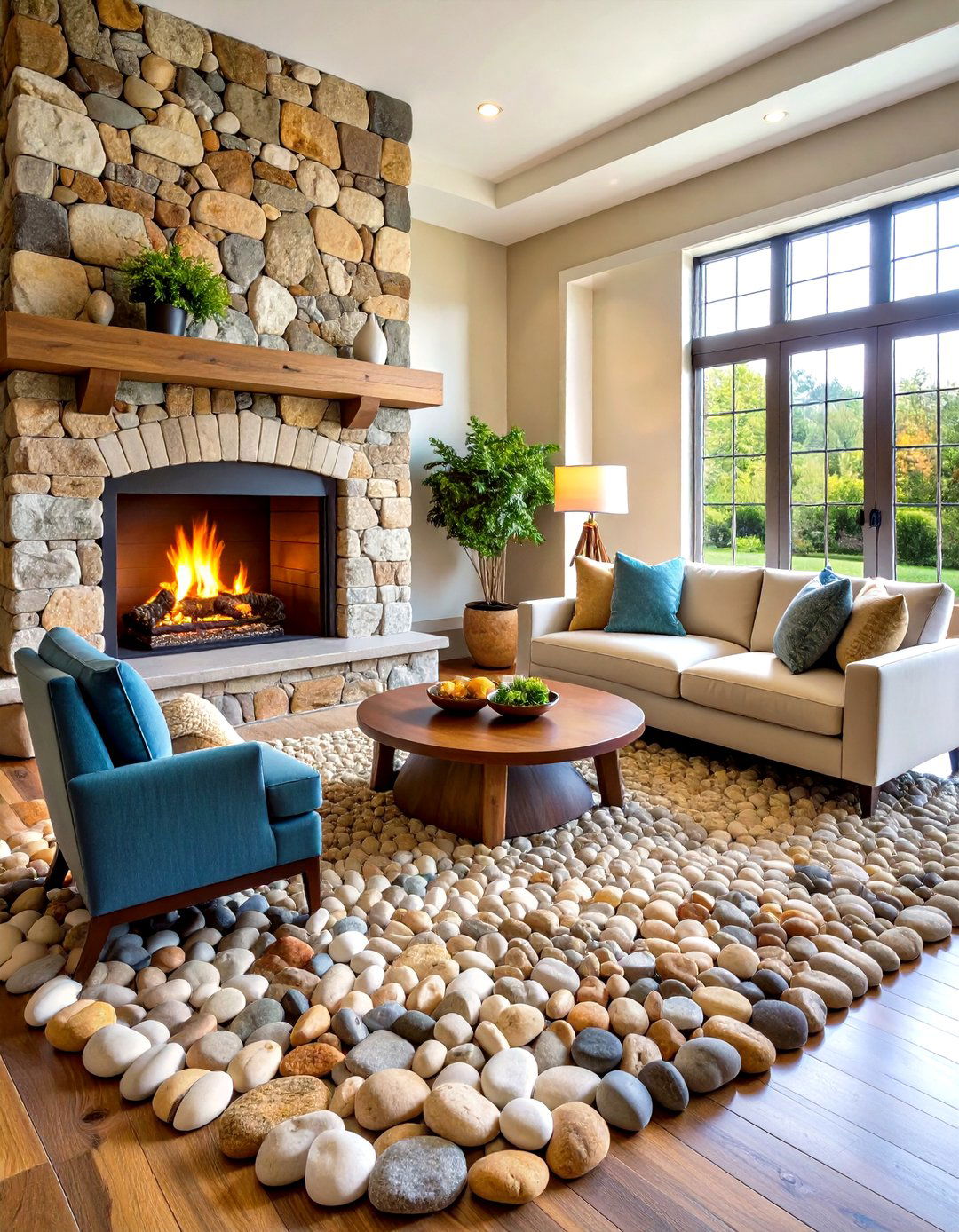 Natural River Rock Mosaic Installation - 24 Fireplace Backsplash Ideas